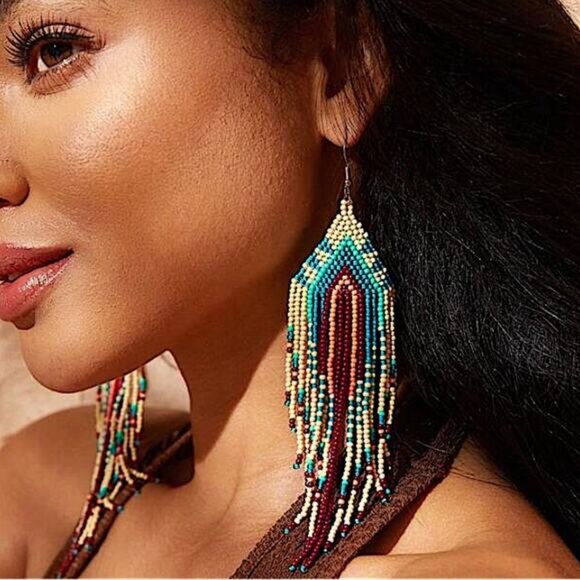 Handmade Beaded Boho Dangle Earrings Tribal Native - Picture 2 of 7